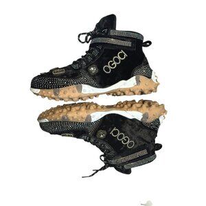 Black Velvet High-Top Sneakers W/ Rhinestones Embellishments Taxi Brand Unique S